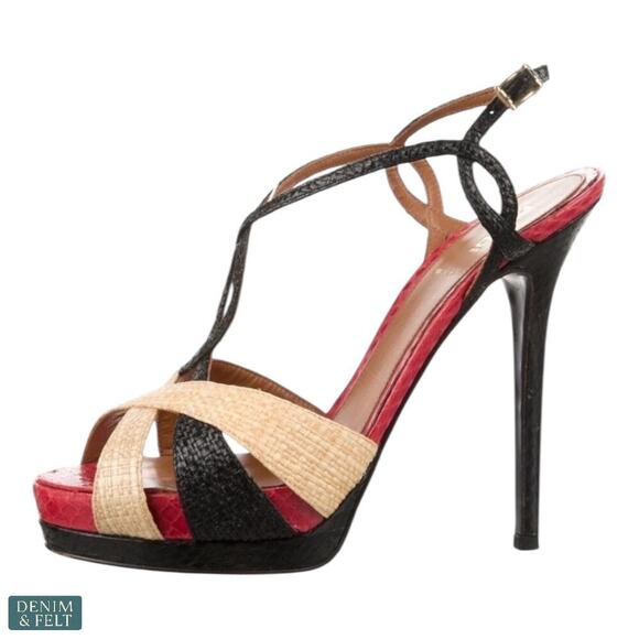 Fendi Tri-Color Raffia & Snakeskin Slingback Platform Sandals 38.5 / US 8.5 - Picture 5 of 12